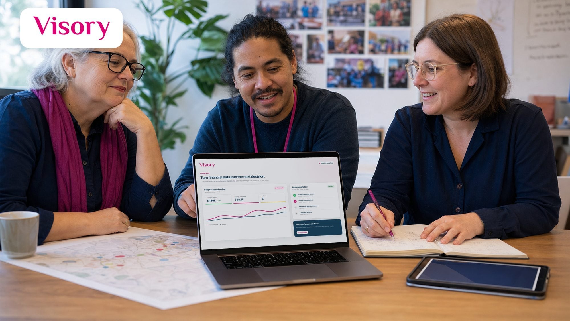 Three not-for-profit leaders reviewing financial insights together on a laptop